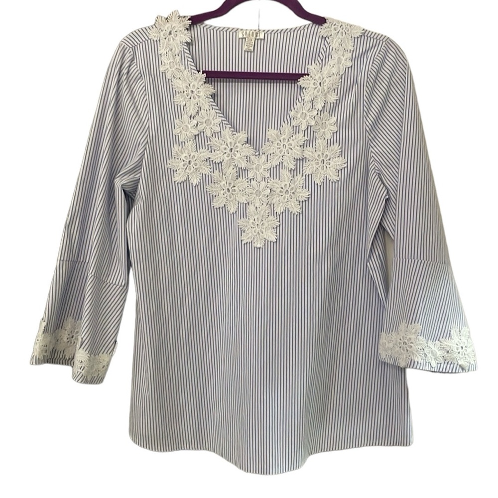 Spense Top Sz L Large Blue White Stripe V Neck Lace Floral Bell Sleeve Blouse